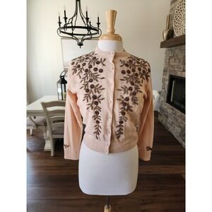 Vintage 50s Hand Beaded Cardigan Sweater Pearl Buttons Floral Beads‎